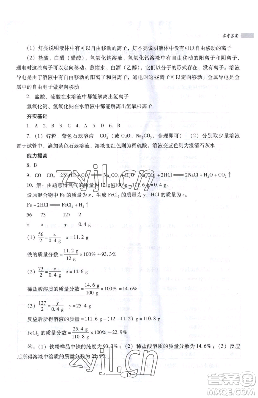 廣東教育出版社2023南方新課堂金牌學(xué)案九年級(jí)下冊(cè)化學(xué)人教版珠海專版參考答案