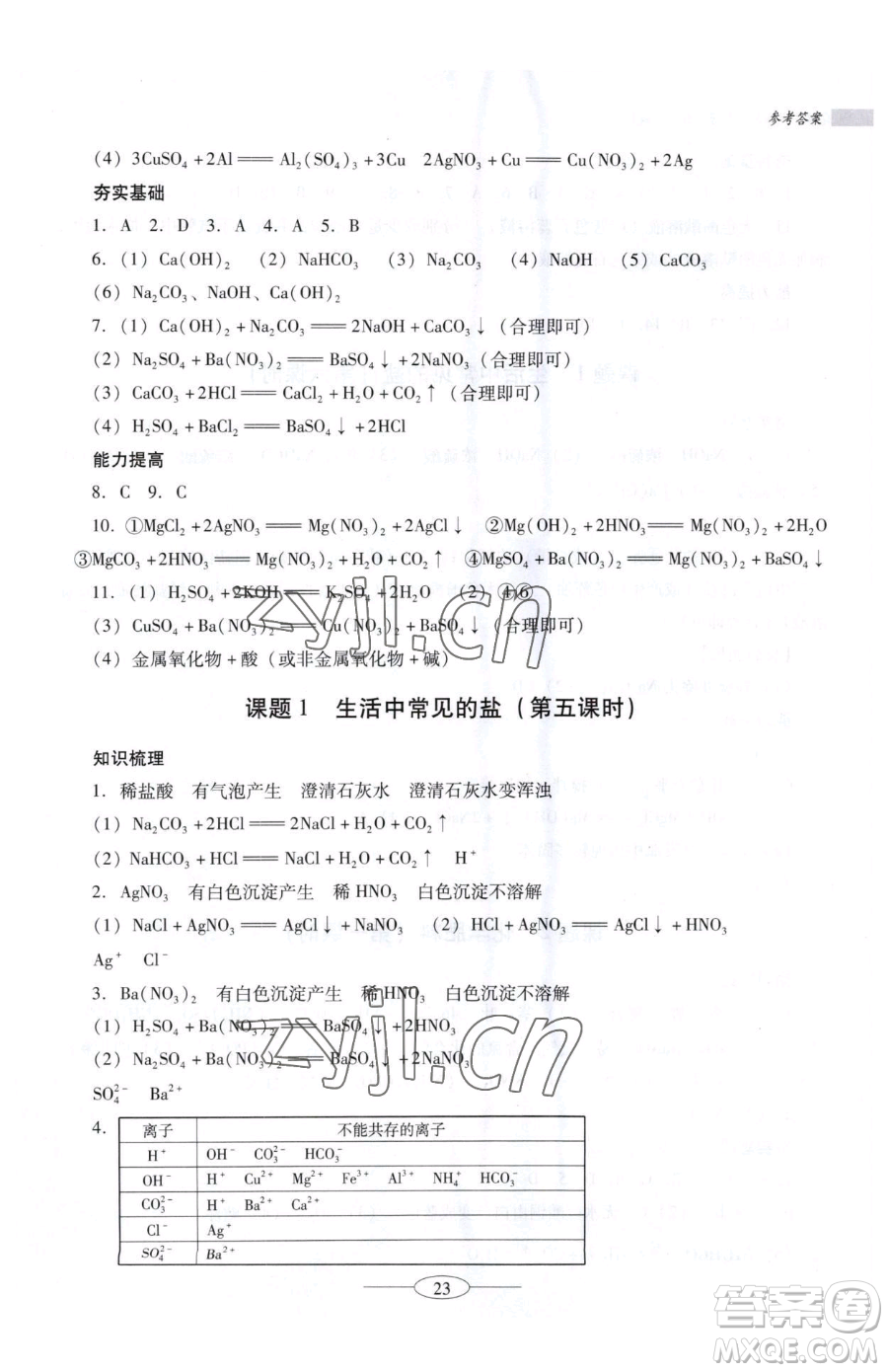 廣東教育出版社2023南方新課堂金牌學(xué)案九年級(jí)下冊(cè)化學(xué)人教版珠海專版參考答案