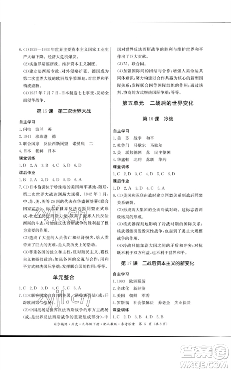 廣東教育出版社2023名師小課堂同步精練九年級(jí)歷史下冊(cè)人教版參考答案