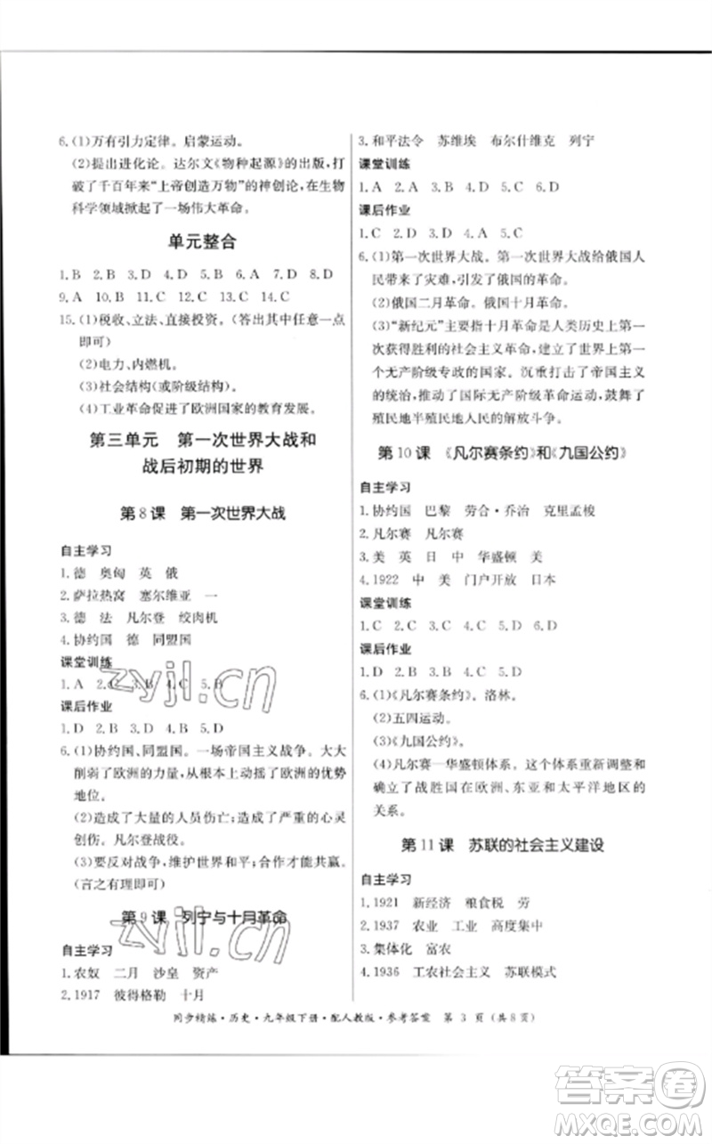 廣東教育出版社2023名師小課堂同步精練九年級(jí)歷史下冊(cè)人教版參考答案