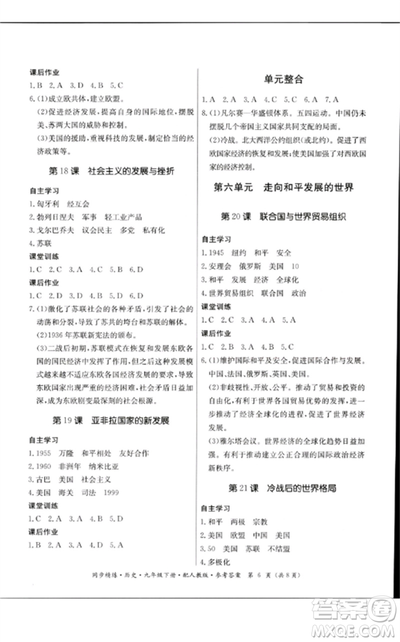 廣東教育出版社2023名師小課堂同步精練九年級(jí)歷史下冊(cè)人教版參考答案