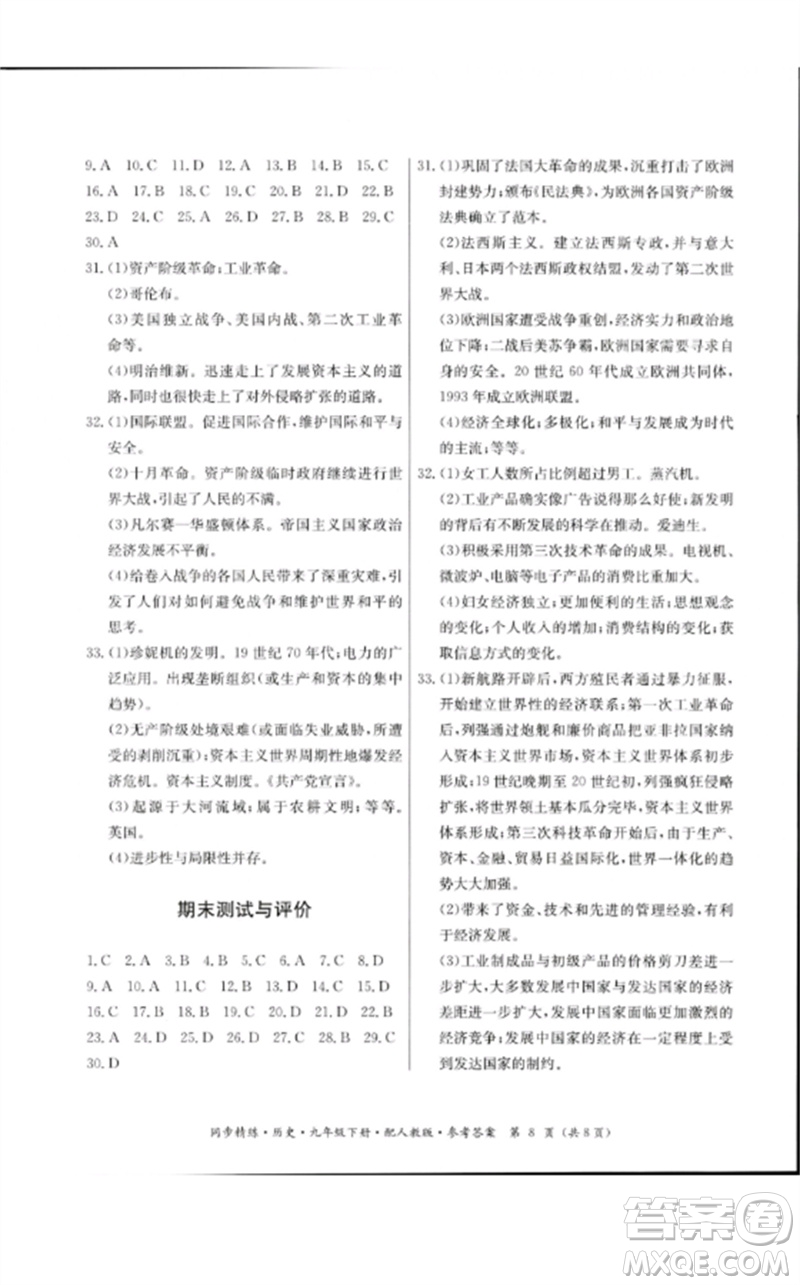 廣東教育出版社2023名師小課堂同步精練九年級(jí)歷史下冊(cè)人教版參考答案