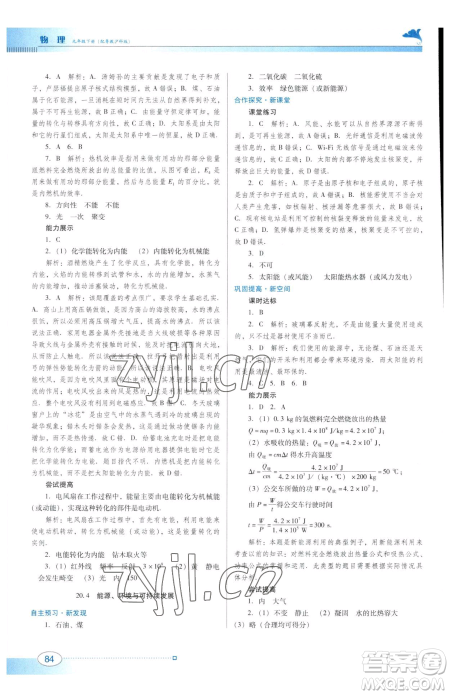 廣東教育出版社2023南方新課堂金牌學(xué)案九年級下冊物理滬粵版參考答案