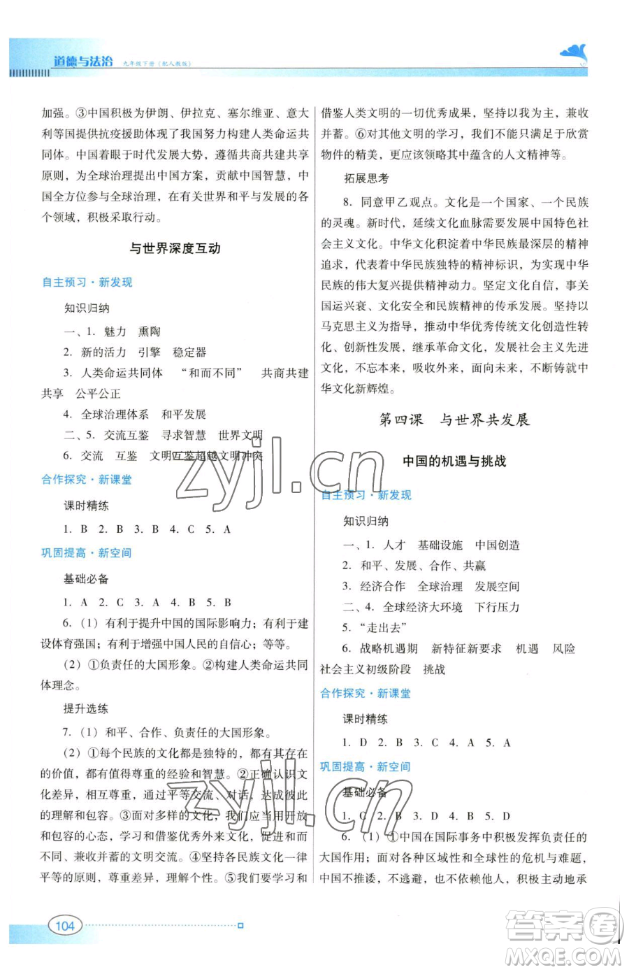 廣東教育出版社2023南方新課堂金牌學(xué)案九年級下冊道德與法治人教版參考答案