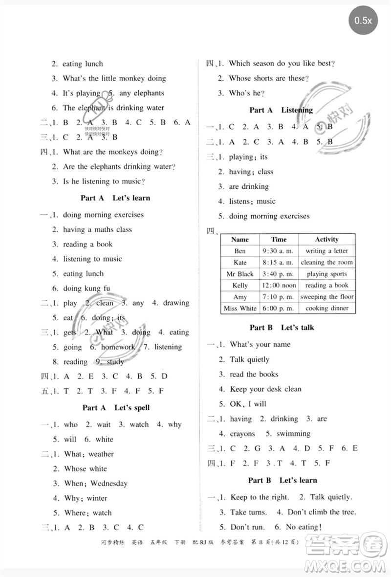 廣東教育出版社2023同步精練五年級(jí)英語(yǔ)下冊(cè)人教版參考答案