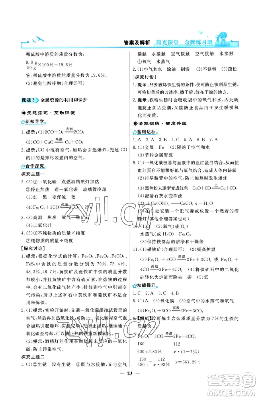 人民教育出版社2023陽光課堂金牌練習冊九年級下冊化學人教版參考答案