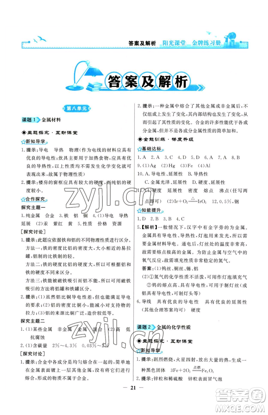 人民教育出版社2023陽光課堂金牌練習冊九年級下冊化學人教版參考答案