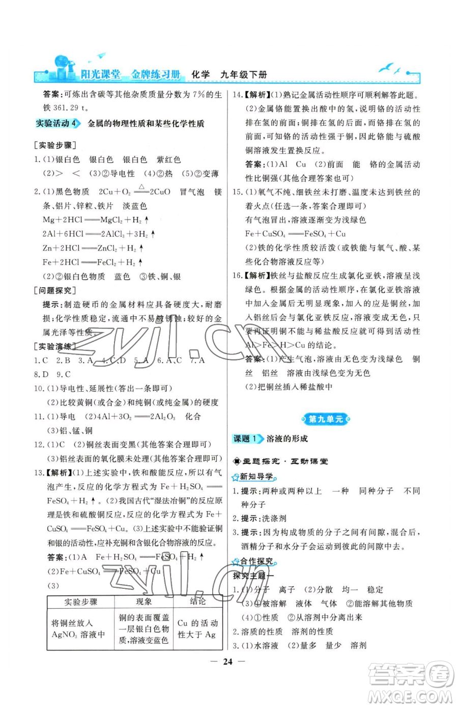 人民教育出版社2023陽光課堂金牌練習冊九年級下冊化學人教版參考答案