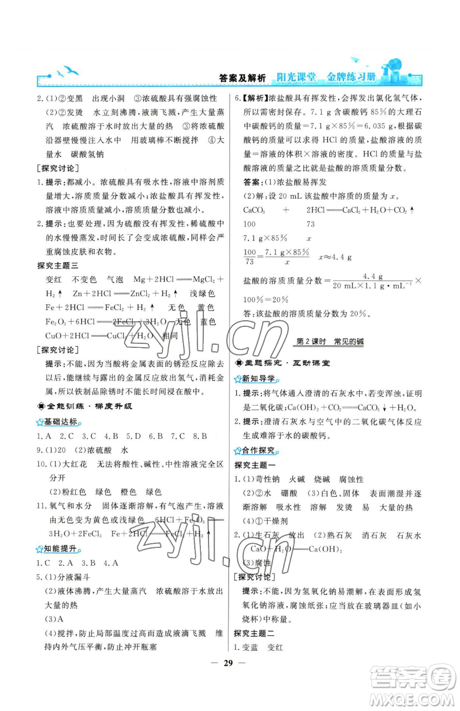 人民教育出版社2023陽光課堂金牌練習冊九年級下冊化學人教版參考答案