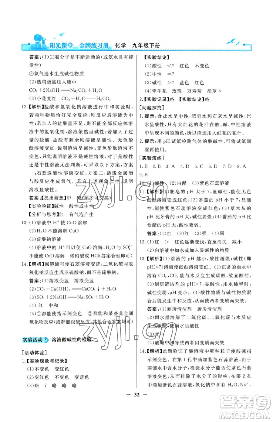 人民教育出版社2023陽光課堂金牌練習冊九年級下冊化學人教版參考答案