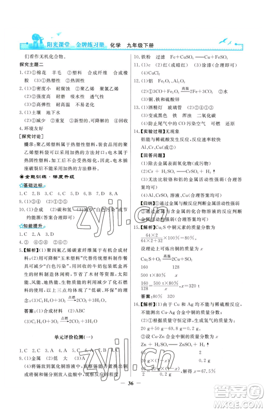 人民教育出版社2023陽光課堂金牌練習冊九年級下冊化學人教版參考答案