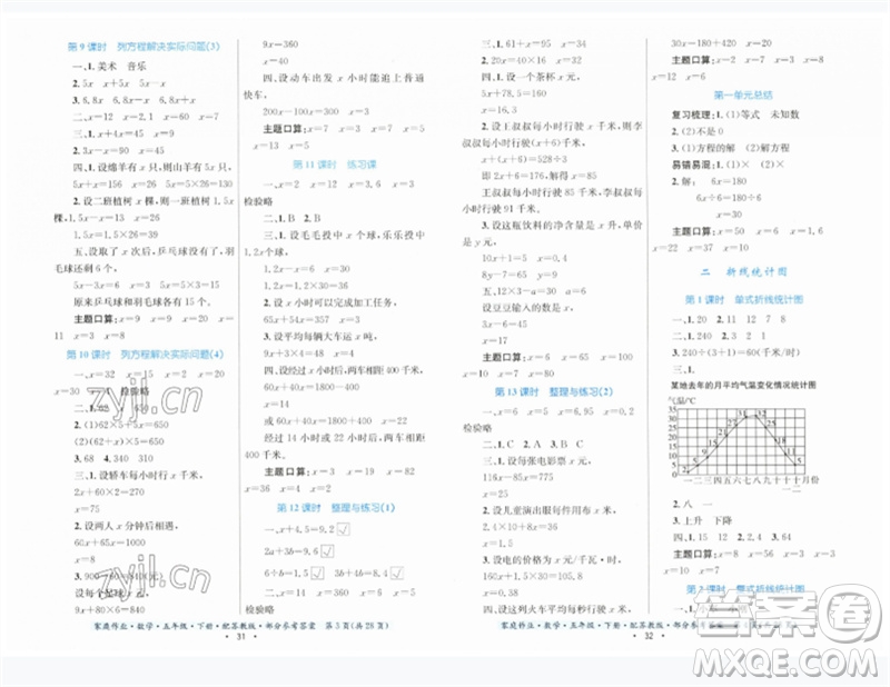 貴州人民出版社2023家庭作業(yè)五年級數(shù)學(xué)下冊蘇教版參考答案