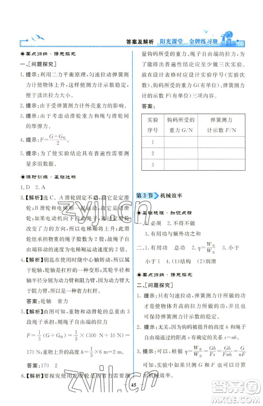 人民教育出版社2023陽光課堂金牌練習冊八年級下冊物理人教版參考答案