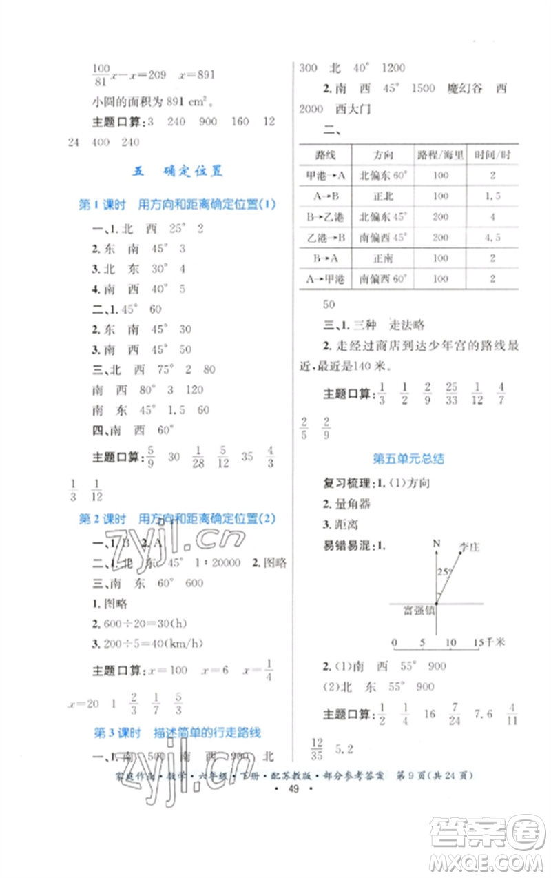 貴州人民出版社2023家庭作業(yè)六年級數(shù)學(xué)下冊蘇教版參考答案