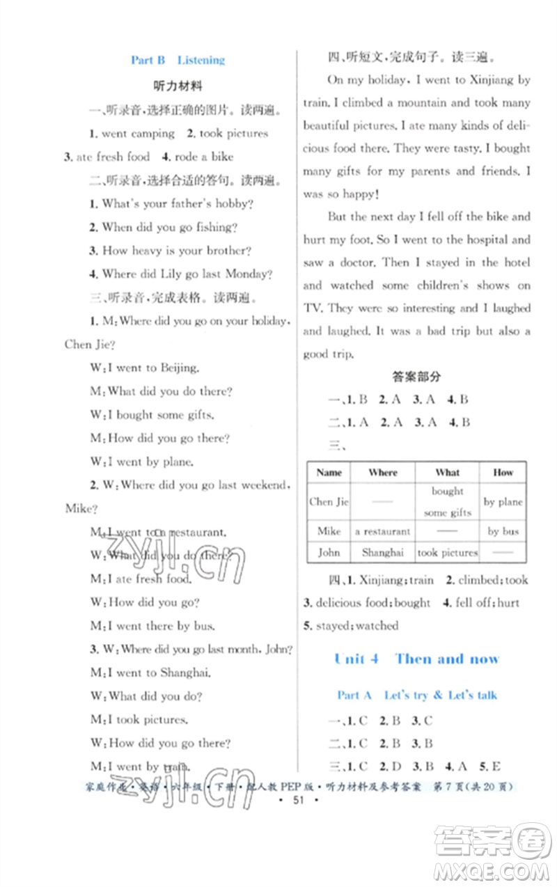 貴州人民出版社2023家庭作業(yè)六年級(jí)英語(yǔ)下冊(cè)人教PEP版參考答案