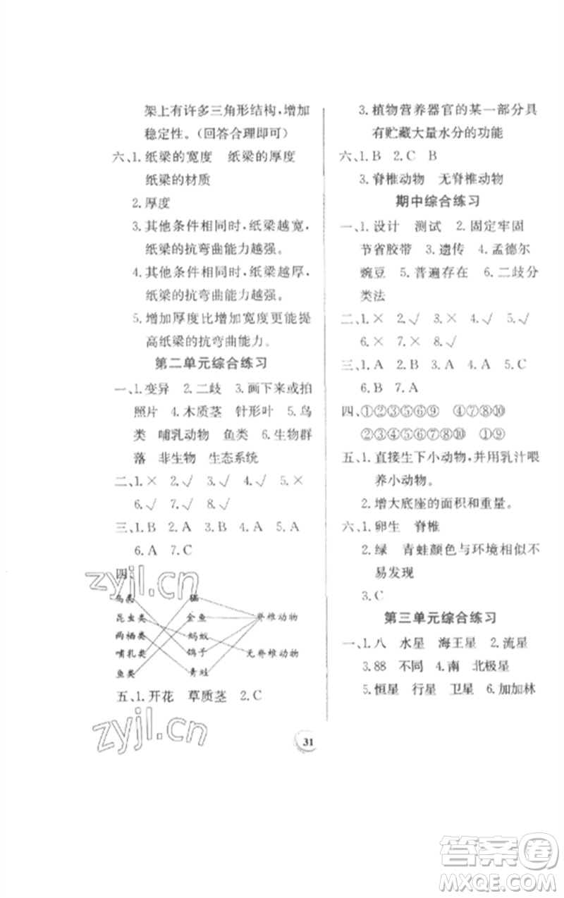 貴州教育出版社2023家庭作業(yè)六年級科學下冊教科版參考答案