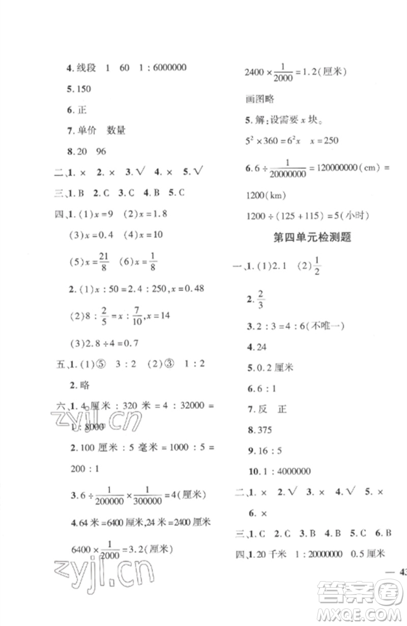 濟(jì)南出版社2023教育世家狀元卷六年級(jí)數(shù)學(xué)下冊(cè)人教版參考答案