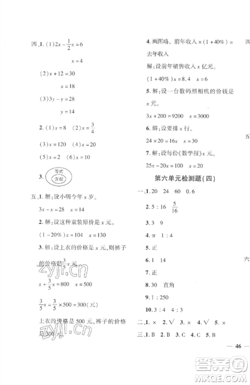 濟(jì)南出版社2023教育世家狀元卷六年級(jí)數(shù)學(xué)下冊(cè)人教版參考答案