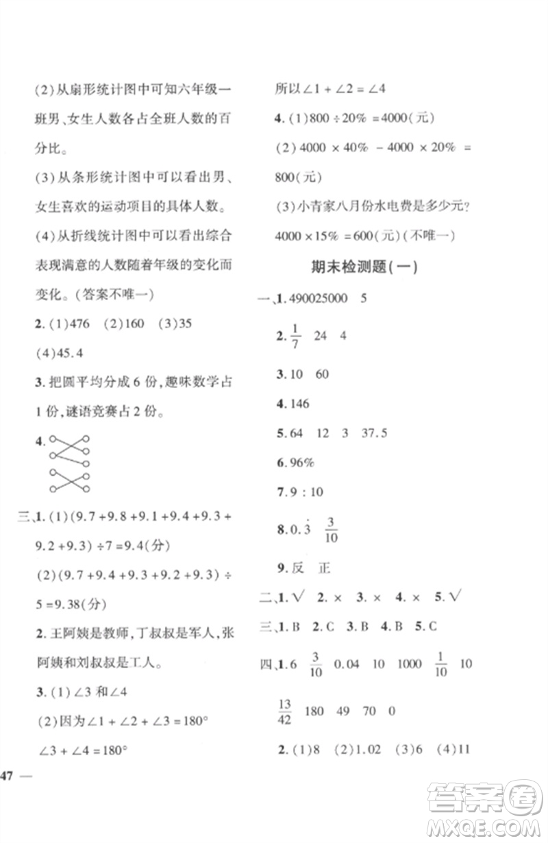 濟(jì)南出版社2023教育世家狀元卷六年級(jí)數(shù)學(xué)下冊(cè)人教版參考答案