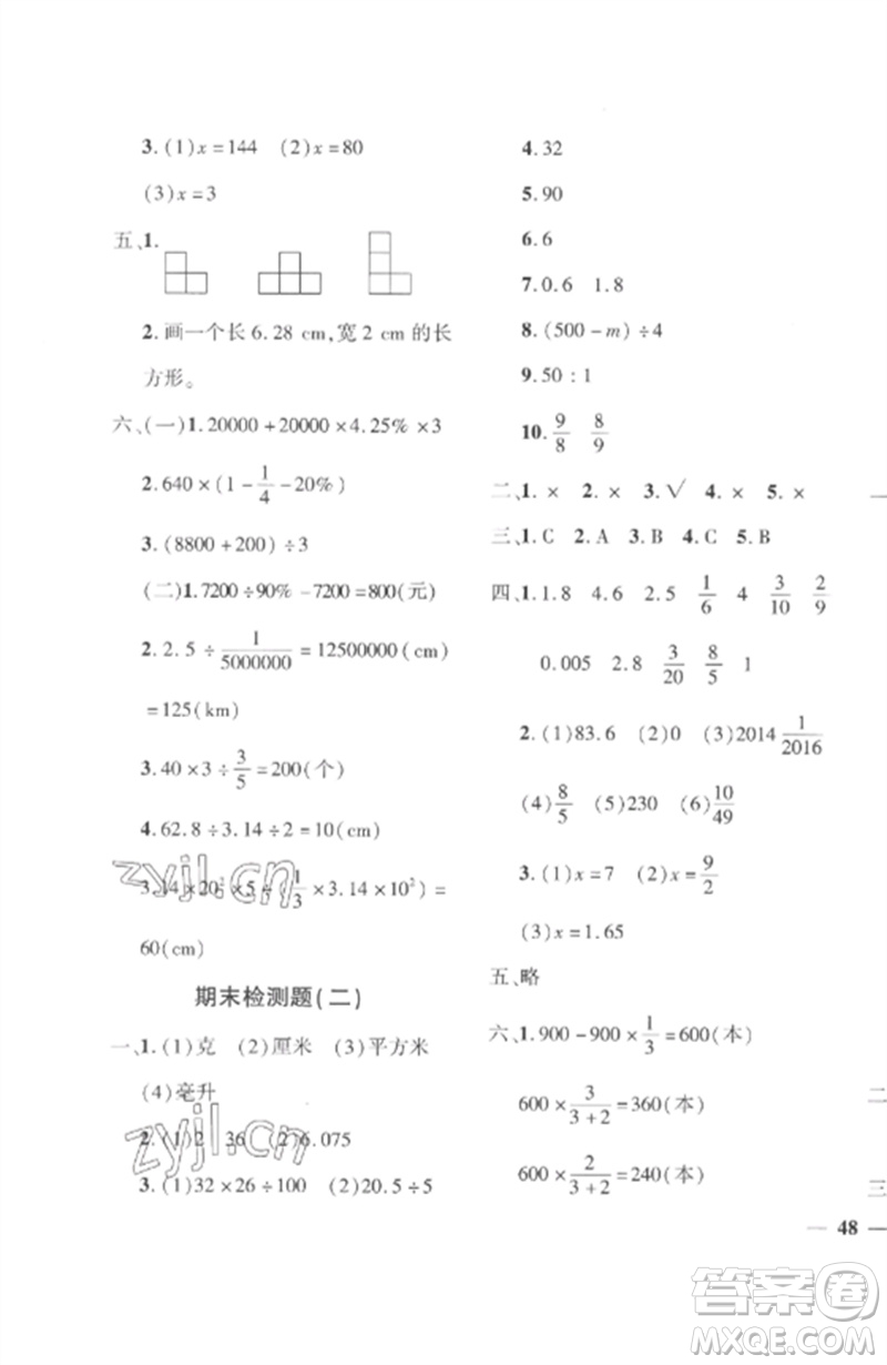 濟(jì)南出版社2023教育世家狀元卷六年級(jí)數(shù)學(xué)下冊(cè)人教版參考答案