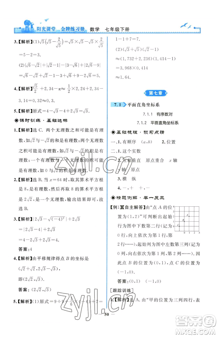 人民教育出版社2023陽光課堂金牌練習(xí)冊七年級下冊數(shù)學(xué)人教版參考答案