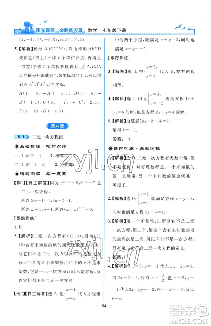 人民教育出版社2023陽光課堂金牌練習(xí)冊七年級下冊數(shù)學(xué)人教版參考答案