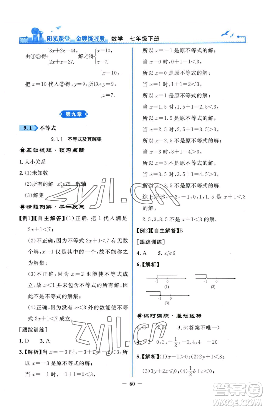 人民教育出版社2023陽光課堂金牌練習(xí)冊七年級下冊數(shù)學(xué)人教版參考答案