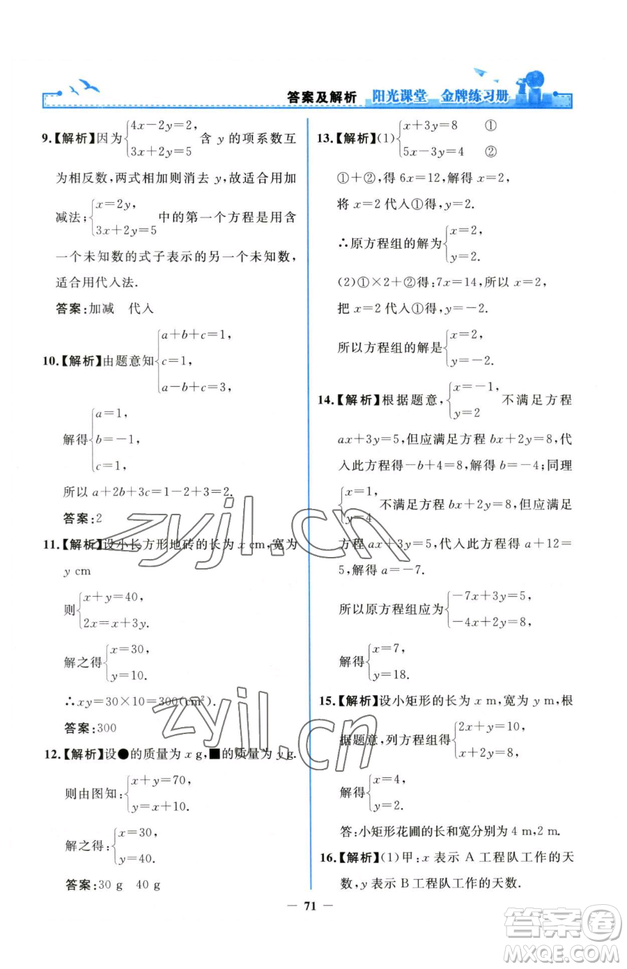 人民教育出版社2023陽光課堂金牌練習(xí)冊七年級下冊數(shù)學(xué)人教版參考答案