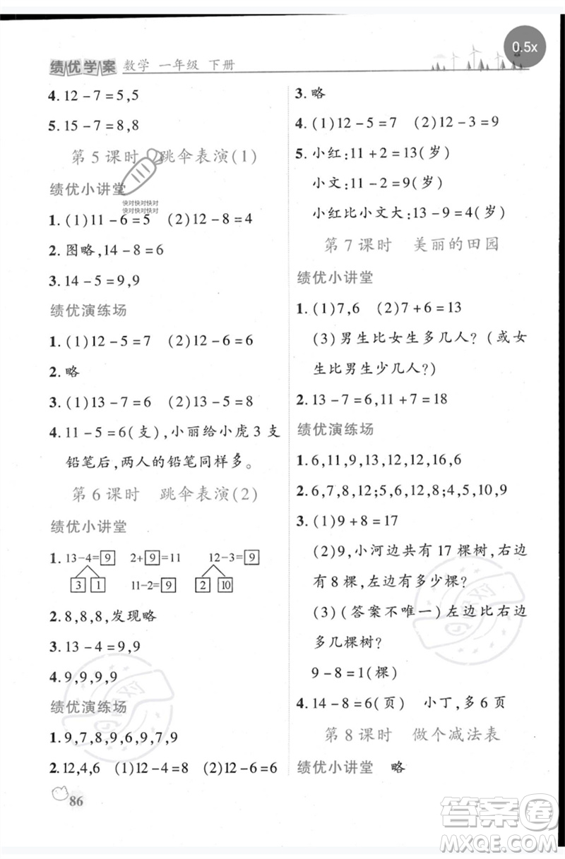 陜西師范大學出版總社2023績優(yōu)學案一年級數(shù)學下冊北師大版參考答案