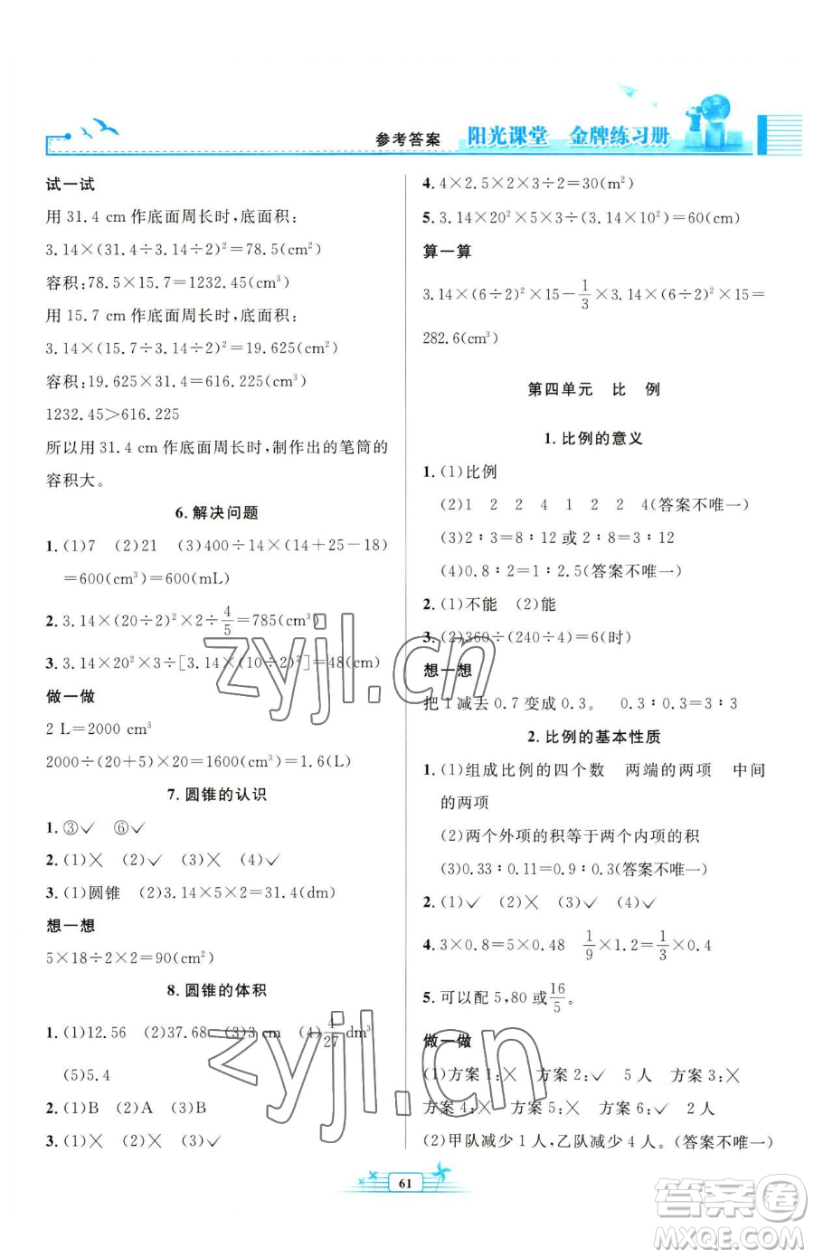 人民教育出版社2023陽光課堂金牌練習(xí)冊六年級下冊數(shù)學(xué)人教版福建專版參考答案