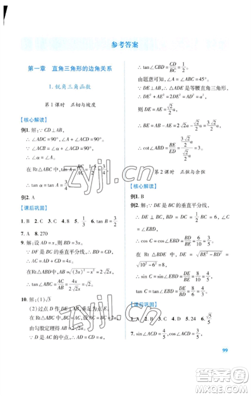 陜西師范大學(xué)出版總社2023績優(yōu)學(xué)案九年級數(shù)學(xué)下冊北師大版參考答案