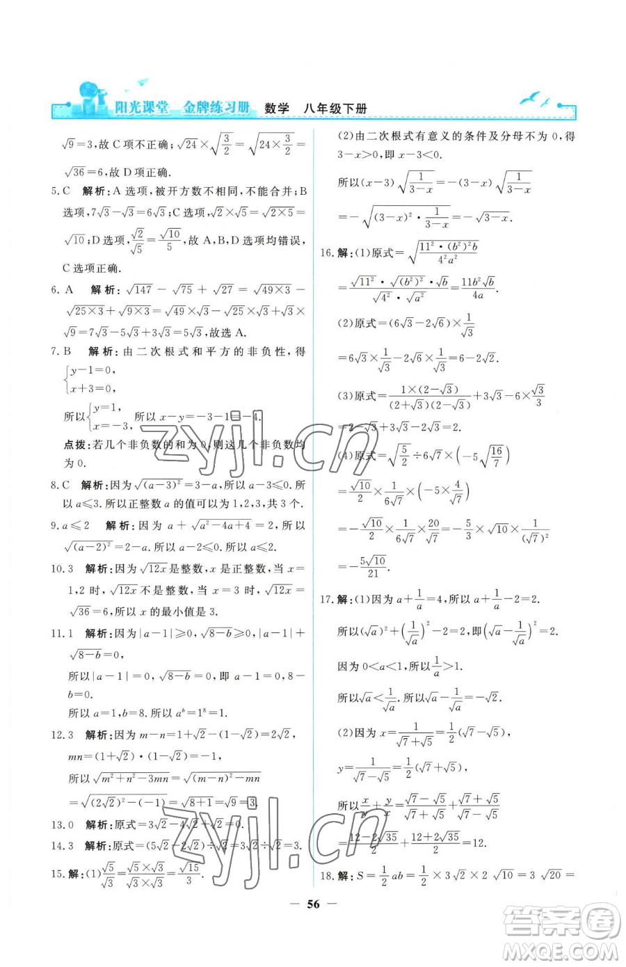 人民教育出版社2023陽光課堂金牌練習(xí)冊八年級下冊數(shù)學(xué)人教版參考答案