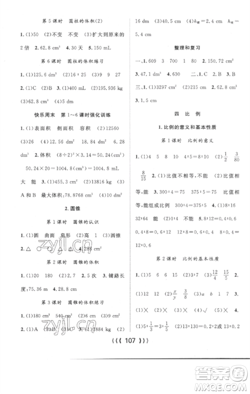 長江少年兒童出版社2023優(yōu)質課堂導學案六年級數學下冊人教版參考答案