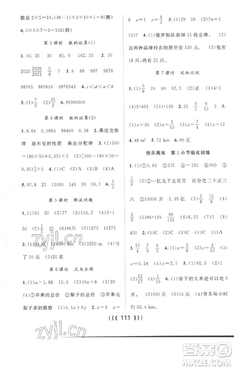 長江少年兒童出版社2023優(yōu)質課堂導學案六年級數學下冊人教版參考答案