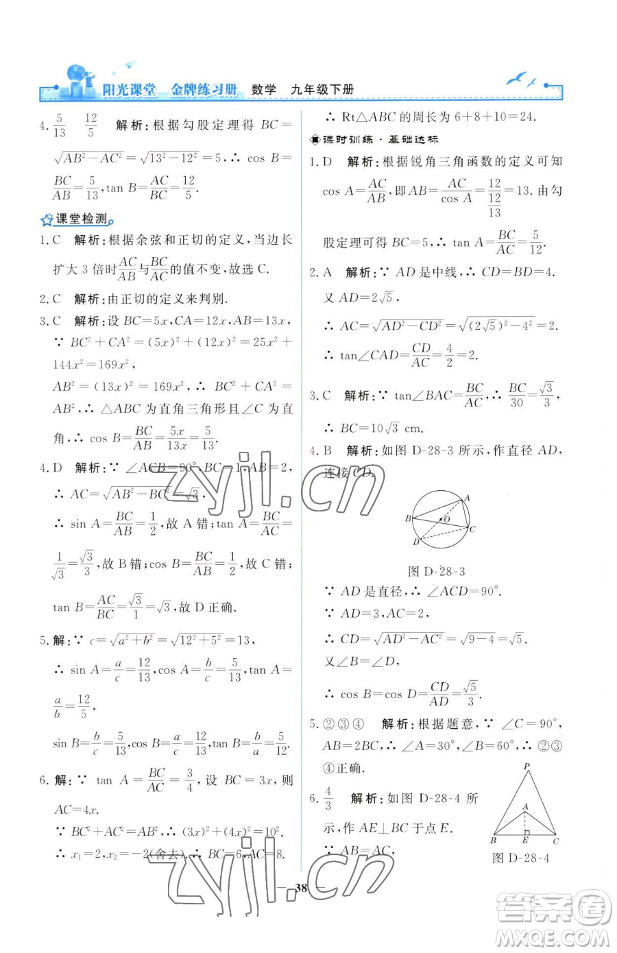 人民教育出版社2023陽光課堂金牌練習(xí)冊九年級(jí)下冊數(shù)學(xué)人教版參考答案