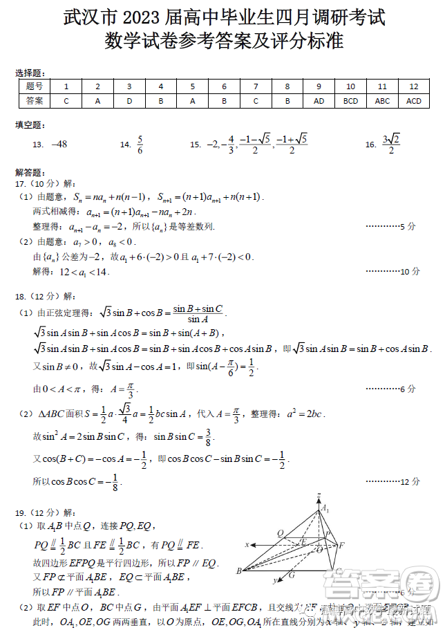 2023屆武漢高三四月調(diào)研考試數(shù)學(xué)試題答案