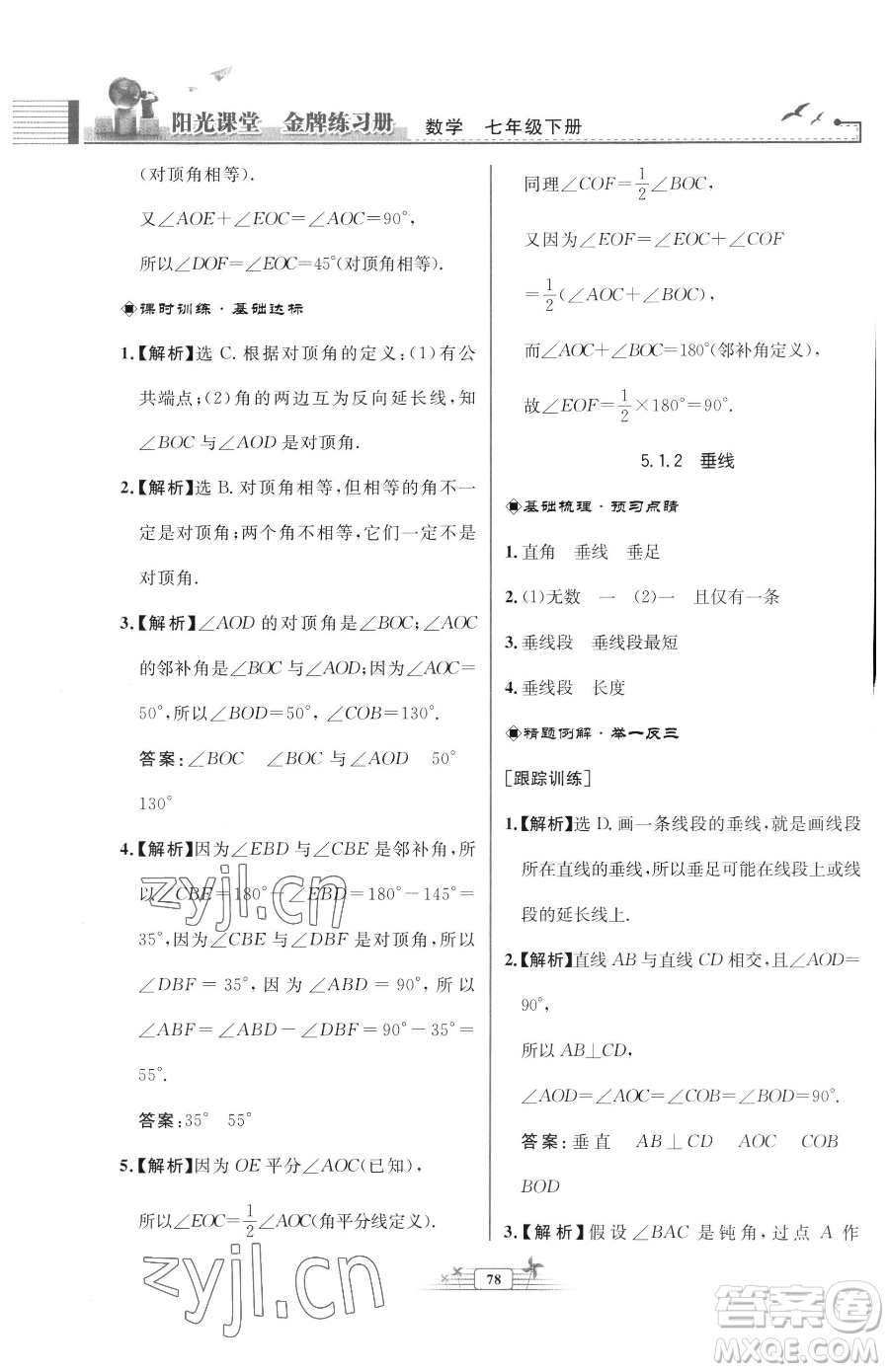 人民教育出版社2023陽光課堂金牌練習冊七年級下冊數(shù)學人教版福建專版參考答案