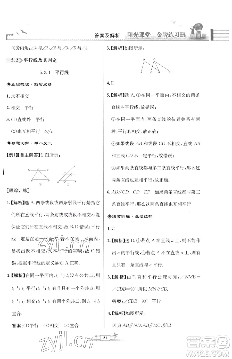 人民教育出版社2023陽光課堂金牌練習冊七年級下冊數(shù)學人教版福建專版參考答案