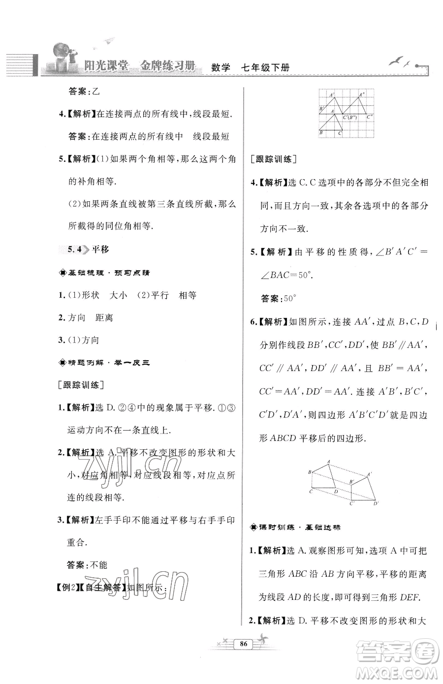 人民教育出版社2023陽光課堂金牌練習冊七年級下冊數(shù)學人教版福建專版參考答案