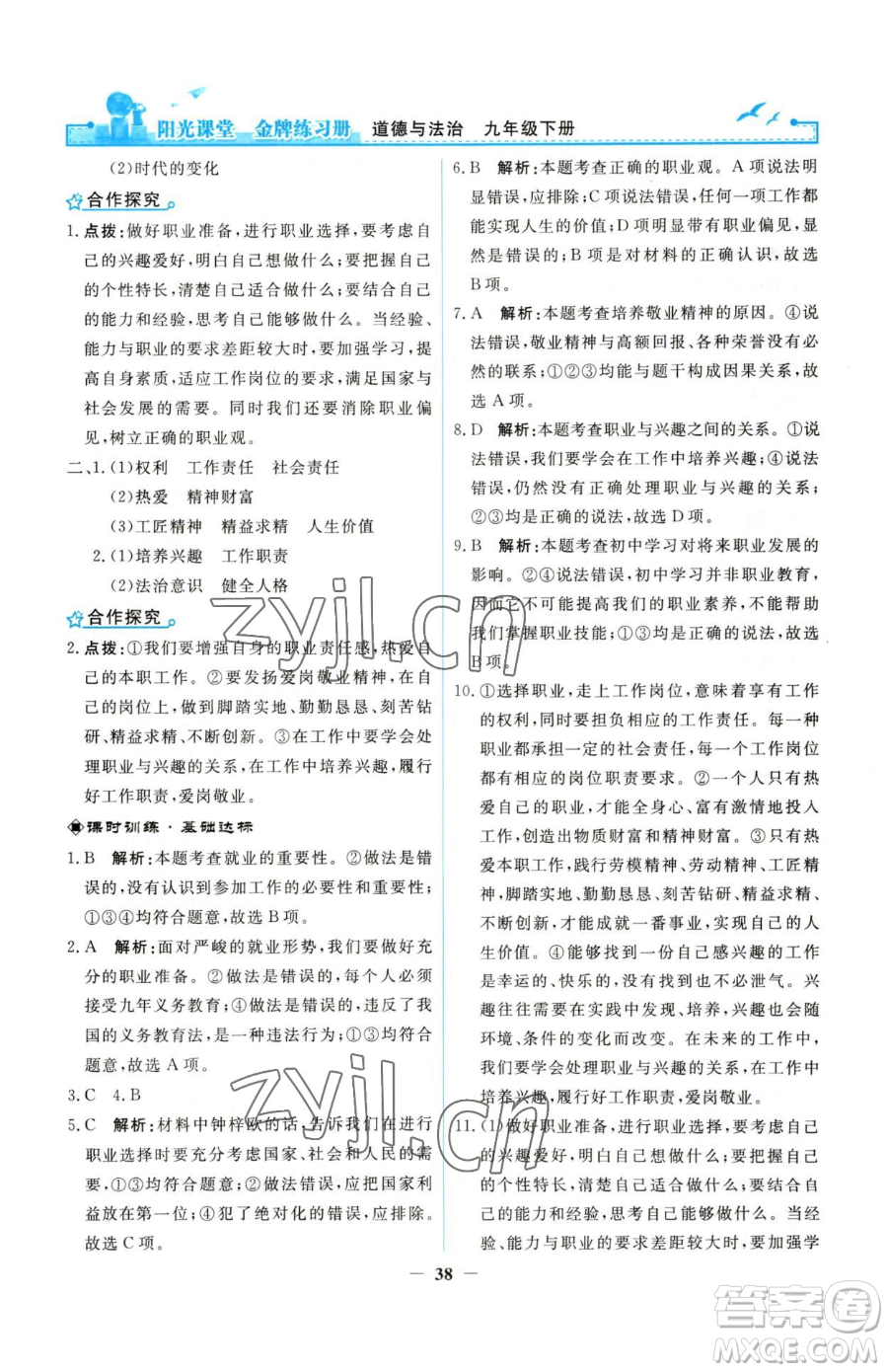 人民教育出版社2023陽光課堂金牌練習(xí)冊九年級下冊道德與法治人教版參考答案