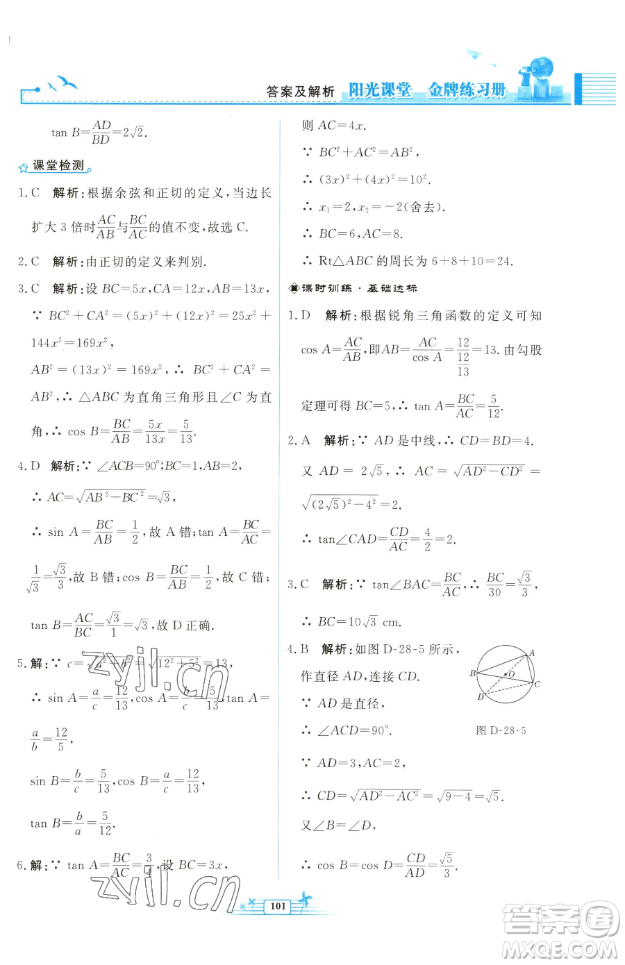 人民教育出版社2023陽光課堂金牌練習冊九年級下冊數(shù)學人教版福建專版參考答案