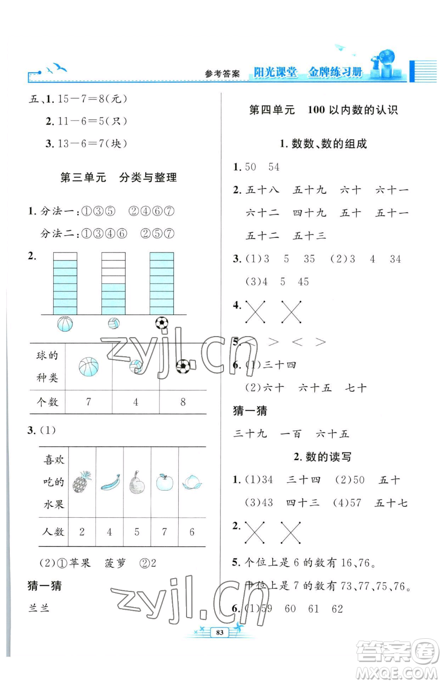 人民教育出版社2023陽光課堂金牌練習(xí)冊一年級(jí)下冊數(shù)學(xué)人教版參考答案