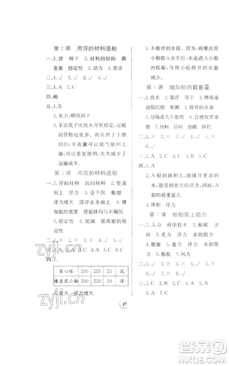 貴州教育出版社2023家庭作業(yè)五年級科學下冊教科版參考答案