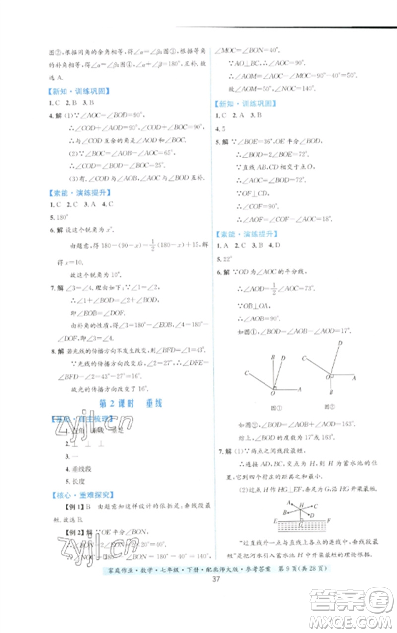 貴州人民出版社2023家庭作業(yè)七年級數(shù)學(xué)下冊北師大版參考答案