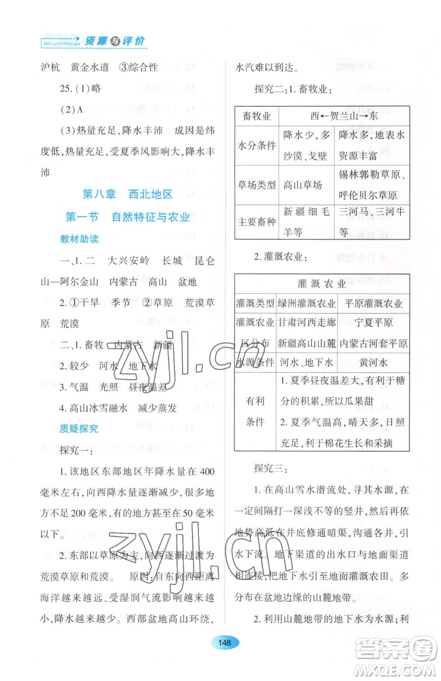 黑龍江教育出版社2023資源與評(píng)價(jià)八年級(jí)下冊(cè)地理人教版大慶專版參考答案