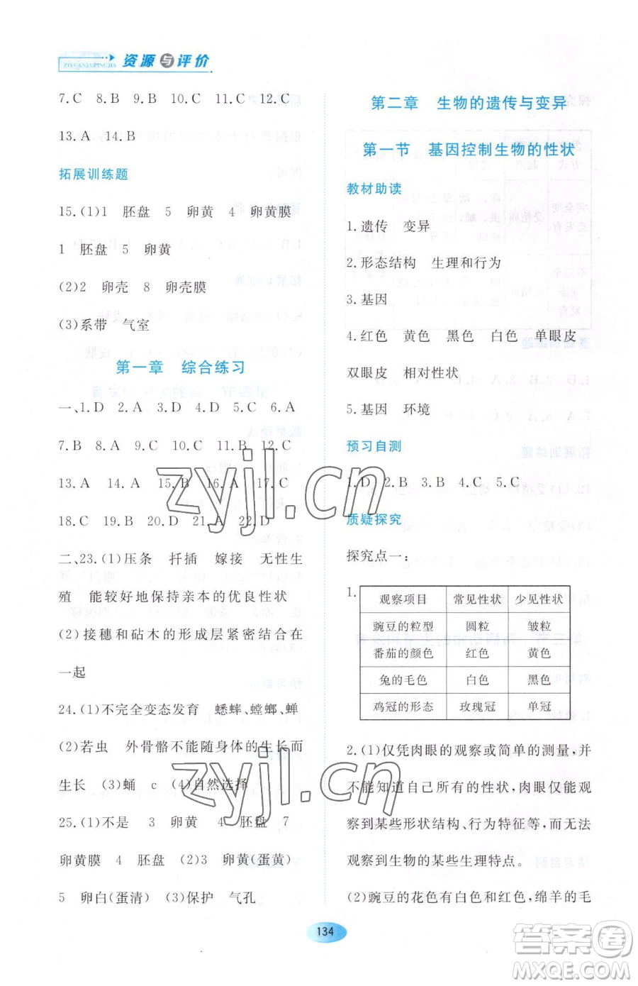 黑龍江教育出版社2023資源與評(píng)價(jià)八年級(jí)下冊(cè)生物人教版大慶專(zhuān)版參考答案