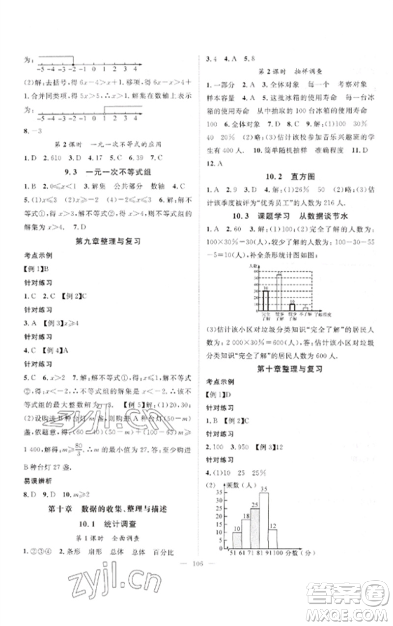 長江少年兒童出版社2023優(yōu)質(zhì)課堂導(dǎo)學(xué)案B自主作業(yè)七年級數(shù)學(xué)下冊人教版參考答案