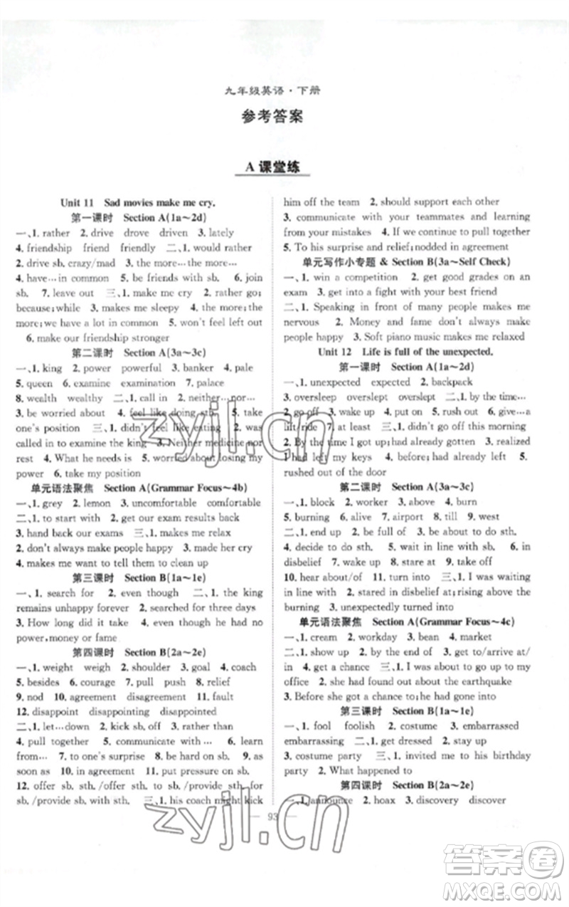 長江少年兒童出版社2023優(yōu)質(zhì)課堂導(dǎo)學(xué)案B課后作業(yè)九年級英語下冊人教版參考答案