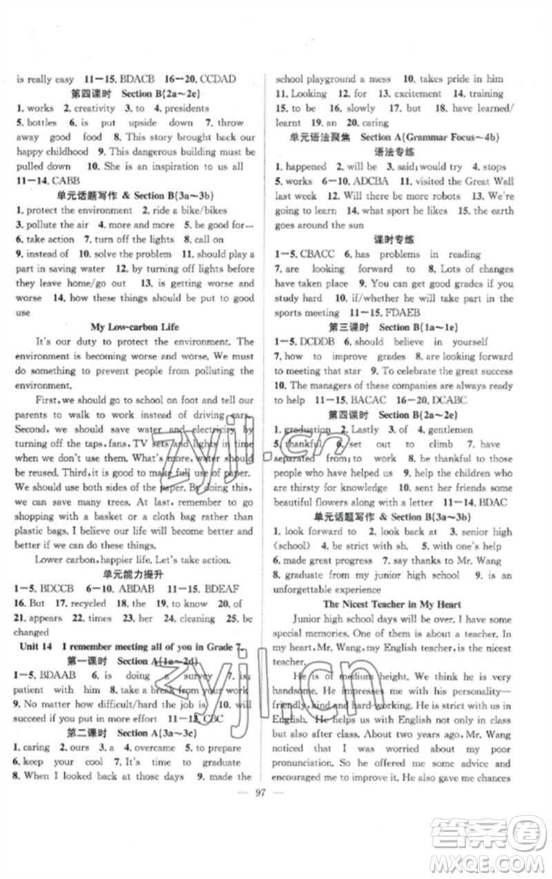 長江少年兒童出版社2023優(yōu)質(zhì)課堂導(dǎo)學(xué)案B課后作業(yè)九年級英語下冊人教版參考答案