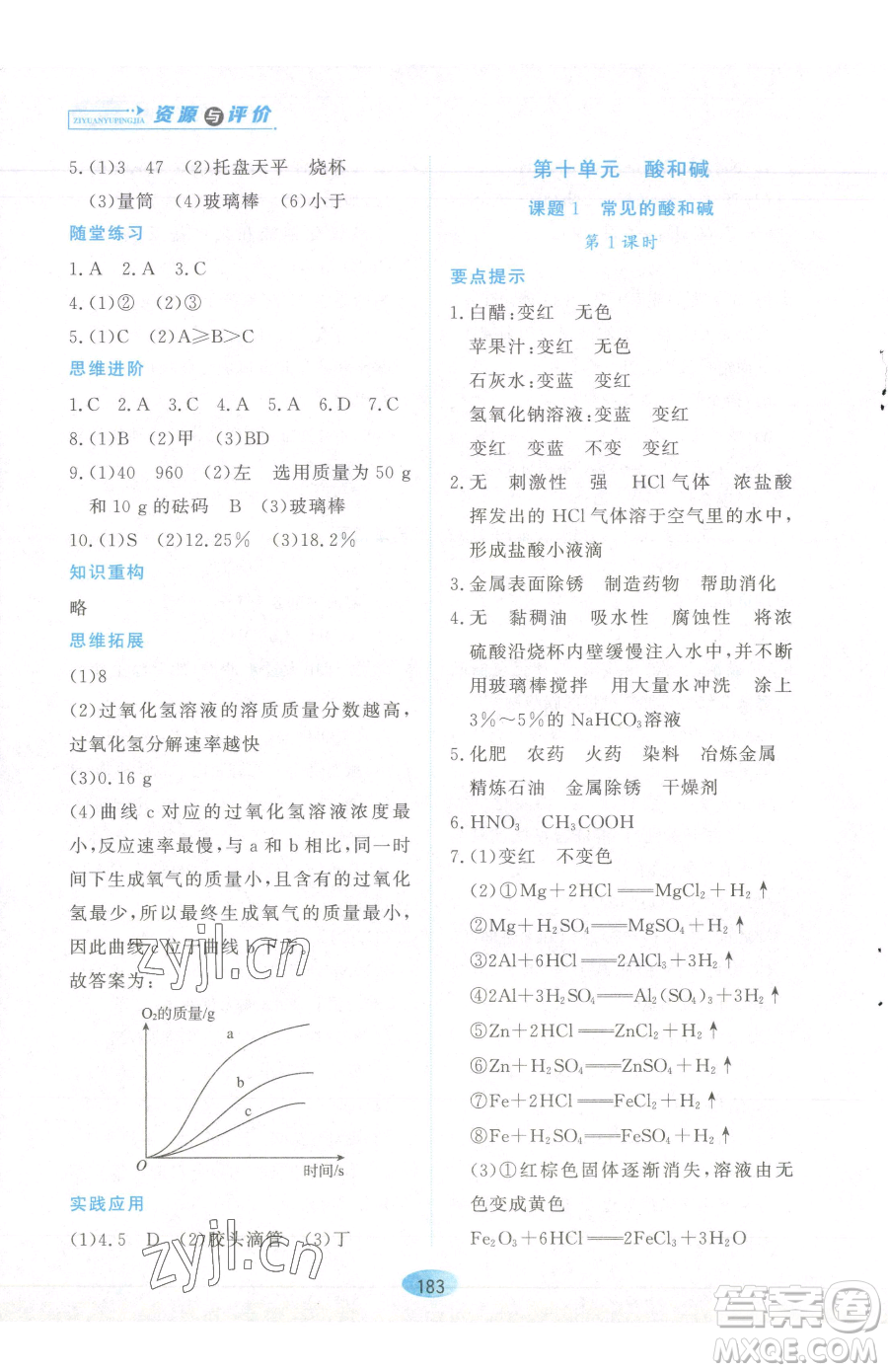 黑龍江教育出版社2023資源與評(píng)價(jià)九年級(jí)下冊化學(xué)人教版參考答案